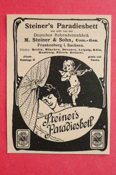 Blatt Historische Werbung Steiner Paradiesbett 1905 Bett Frankenberg Sachsen Reformbettenfabrik